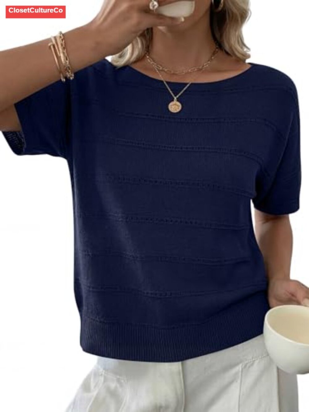Womens Short Sleeve Crochet Sweater Top Boat Neck Summer Knit Pullover